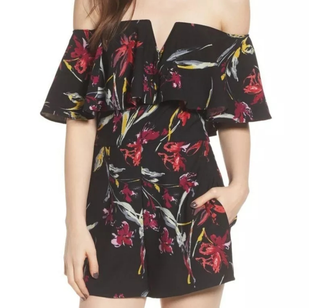 Leith Black Floral Split VNeck Off Shoulder Romper